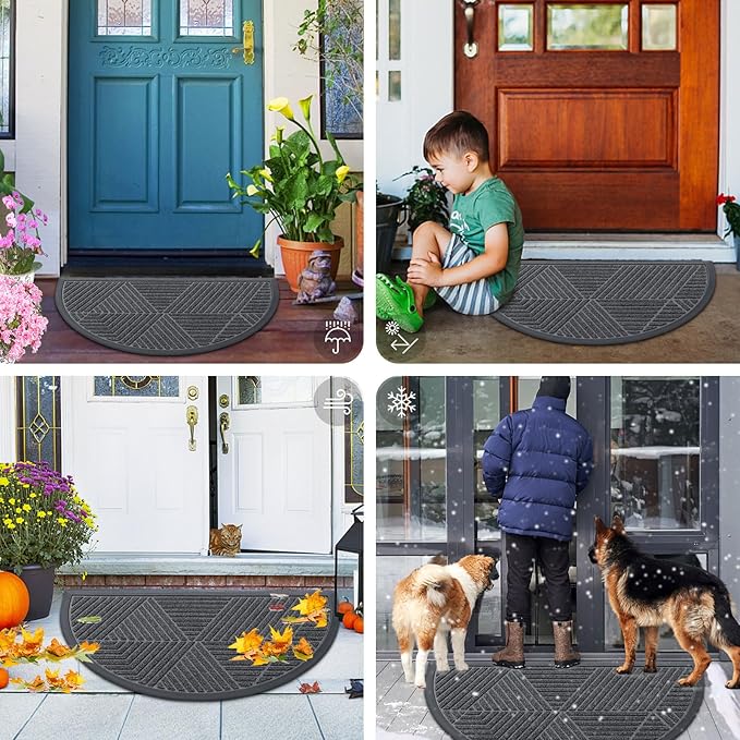 Smiry Half Circle Front Door Mat Outside Entrance, Heavy Duty Sturdy Natural Rubber Doormat, Trap Dirt and Moisture, Low Profile Mats for Indoor Outdoor Entry, Irregular Triangle (35x23, Grey)