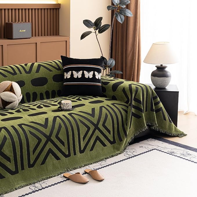 HANDONTIME Boho Couch Cover Geometric Striped Pet Covers for Couches and Sofas Olive Green and Black Dog Cover for Couch Pet Friendly Chenille Sectional Sofa Covers for Pets Washable, 71" X 150"