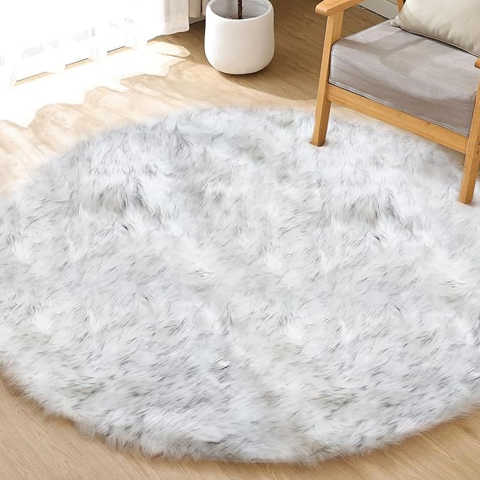 ORINOVA Grey and White Plush Machine Washable Area Rugs for Bedroom Small Circle Furry Faux Sheepskin Fur Rug for Living Room Nursery Round Rug 3ft