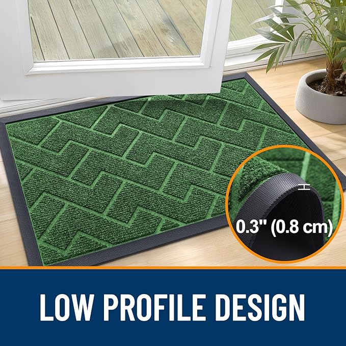 OLANLY Front Door Mat Indoor Outdoor Entrance, Waterproof All-Season, All-Weather Doormat, Sturdy Natural Rubber, Low Profile, Easy Clean Patio Porch Entryway Mat, Herringbone Brick (Green, 47x17)