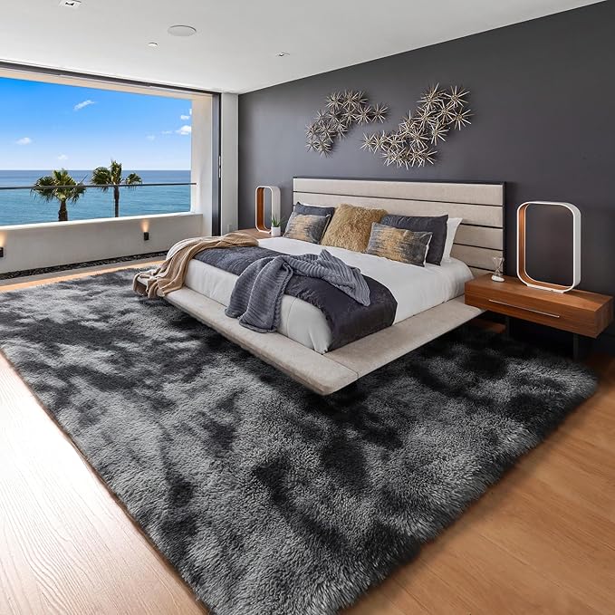 ONASAR Area Rugs 9x12 Living Room, Tie-Dyed Dark Grey Large Fluffy Bedroom Rug, Soft Plush Thick Shaggy Big Floor Carpet for Kids Boy Girls Teen Dorm Nursery Indoor Home Decor Aesthetic