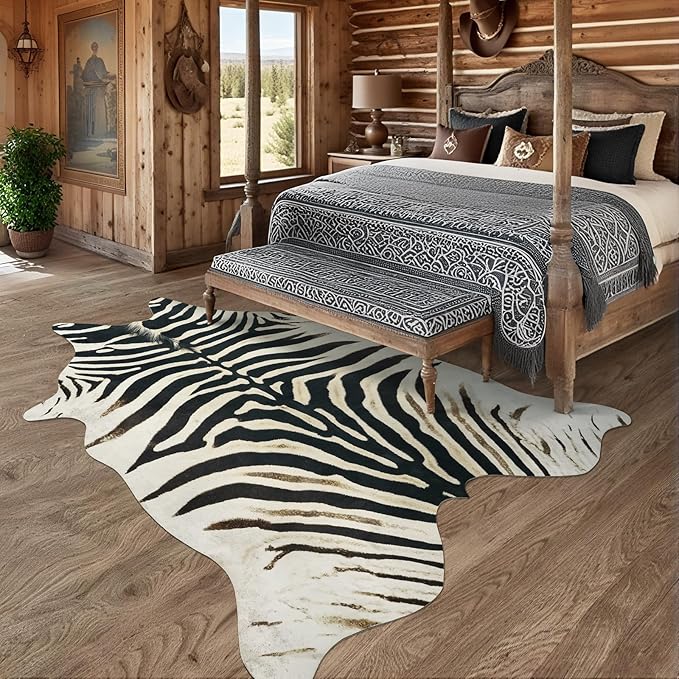 AROGAN Western Faux Fur Zebra Rug, 6.2x7 Feet Premium Animal Skin Print Rug, Sturdy Faux Zebra Hide Rugs for Wall Decor, Western Floor Carpet for Bedroom Living Room, Black and White