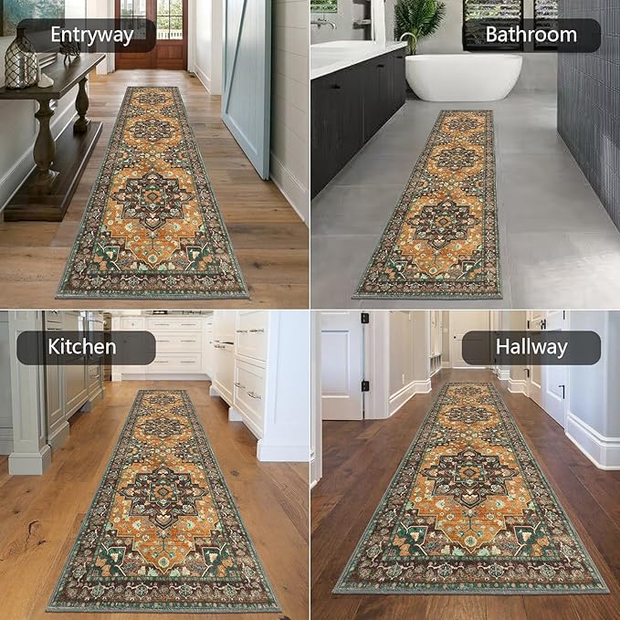 HEBE Hallway Runner Rug 2'x8' Washable Vintage Distressed Area Rugs Non Slip Laundry Rug Runner Boho Floor Carpet Runners for Hallways Entryway Laundry Room Kitchen Bathroom