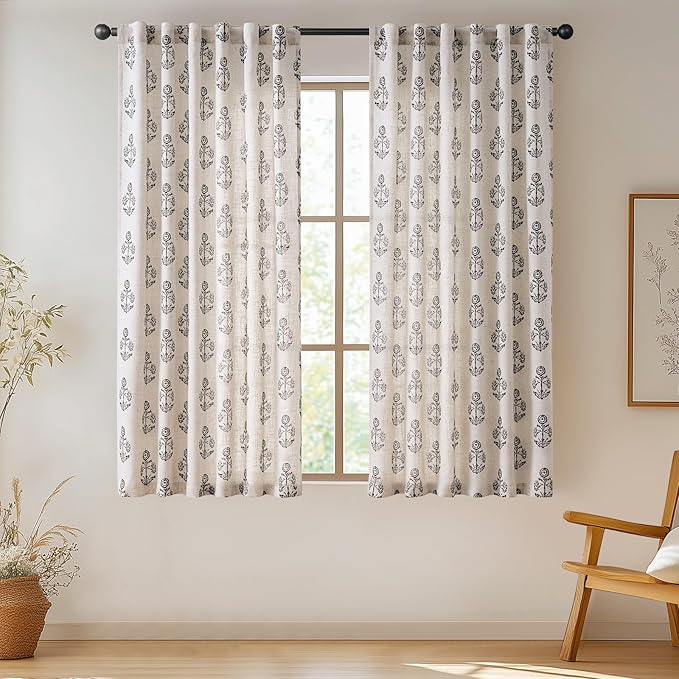 jinchan Linen Floral Curtains for Living Room 63 Inch Length Black Flower Cottage Core Farmhouse Curtains Rod Pocket Back Tab Boho Semi Sheer Window Drapes Bedroom Set 2 Panels Black on Beige