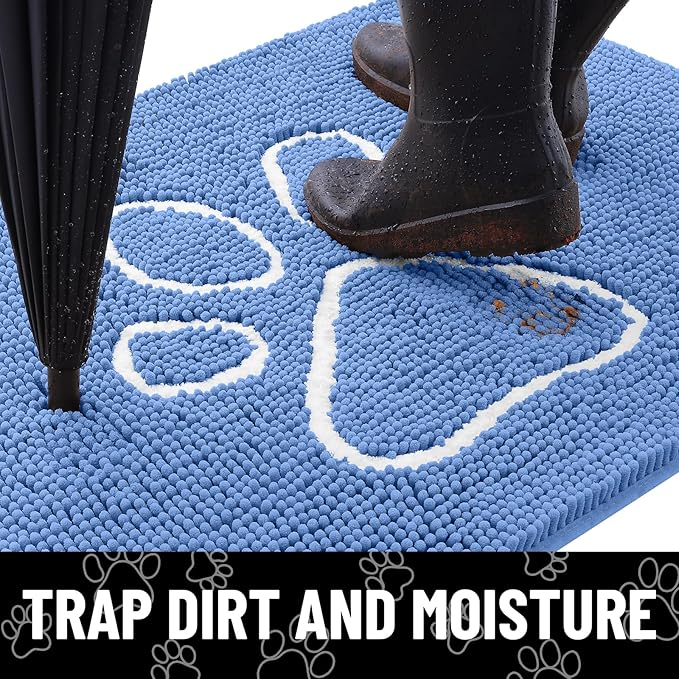 Smiry Dog Door Mat for Muddy Paws, Absorbent Dirt Trapper Non Slip Quick Dry Washable Chenille Mat for Mud Dogs, Entry Rug for Indoor and Outdoor (30x20 Inches, Cornflower Blue and White)