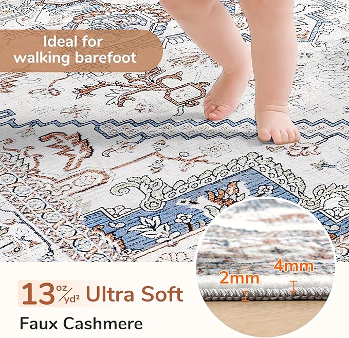 OPPODREAM Soft 8x10 Area Rugs, Washable Rugs 8x10 with Non Slip Backing, Faux Cashmere Low-Pile 8 x 10 Carpet, Cream White & Blue & Light Brown