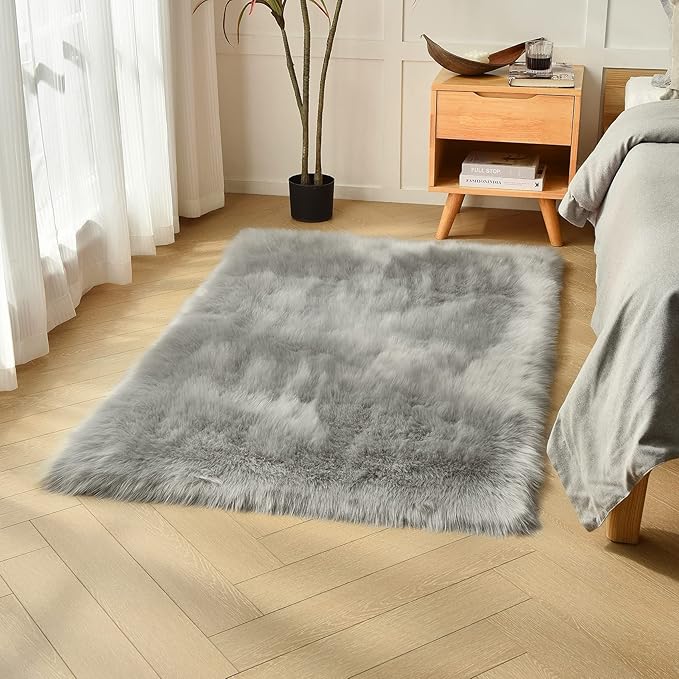 duduta Grey Faux Sheepskin Fur Rug 3x5 ft, Fluffy Shag Bedroom Dorm Nursery Playroom Carpet Rug Non Slip Washable