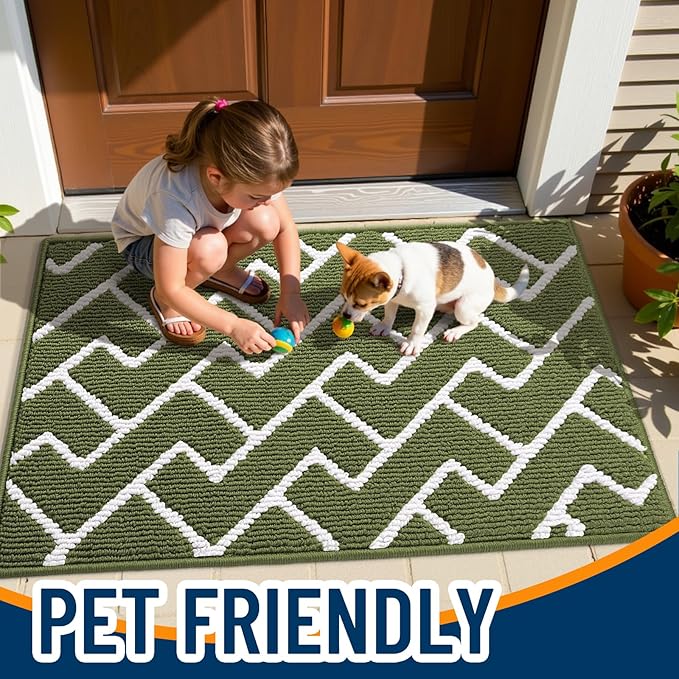 OLANLY Front Door Mat, Non-Slip Rubber Backing, Dirt Resistant and Absorbent, Washable, Easy to Clean Low-Profile Indoor Doormat for Back Door, Entryway, Inside Entrance, 32x20, Green