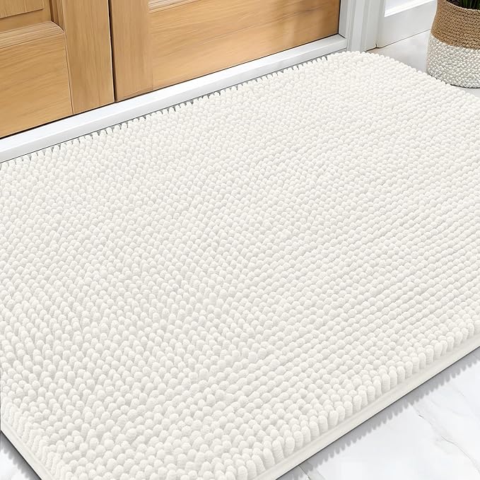 OLANLY Dog Door Mat for Muddy Paws 34x21, Absorbs Moisture and Dirt, Absorbent Non-Slip Washable Doormat, Quick Dry Chenille Mud Mat for Dogs, Entry Indoor Entryway Carpet for Inside Floor, Ivory