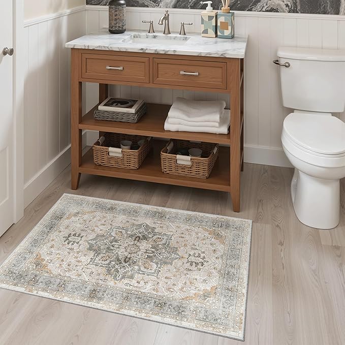 Madane Washable Area Rug 2x3, Small Entryway Rug Non-Slip Vintage Door Mat Indoor Entrance, Low Pile Floor Carpet for Inside Front Door Bedroom Kitchen Entry Laundry (2'x3', Light Taupe Brown)
