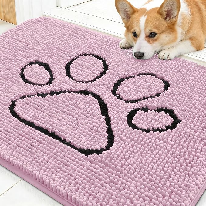 OLANLY Dog Door Mat for Muddy Paws 30x20, Paw Print Design, Absorbs Moisture and Dirt, Non-Slip Washable Doormat, Quick Dry Chenille Mud Mat for Dogs, Entry Indoor Entryway Carpet, Dusty Rose