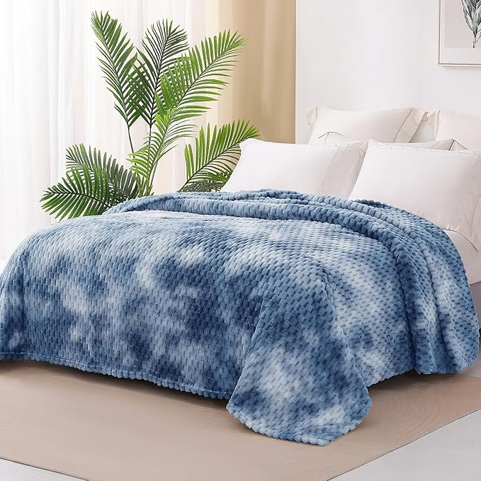 Exclusivo Mezcla Fleece Twin Blanket for Bed, Extra Large Fuzzy Tie-dye Stone Blue Bed Blankets, Soft Cozy Plush Sofa Throws for All Seasons, 90x66 Inches
