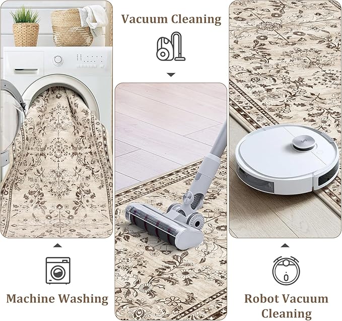 Yamaziot Washable Runner Rug 2x12 – Floral Non Slip Boho Hallway Runner Rug with Rubber Backing, Low Pile Faux Wool Distressed Carpet for Kitchen, Laundry, Bedroom, Entrance, Brown