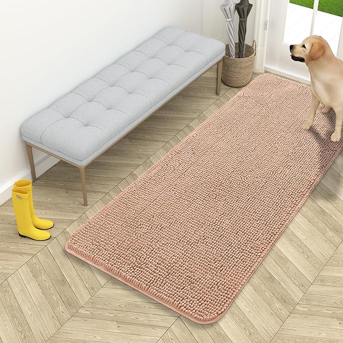 OLANLY Dog Door Mat for Muddy Paws 54x24, Absorbs Moisture and Dirt, Absorbent Non-Slip Washable Doormat, Quick Dry Chenille Mud Mat for Dogs, Entry Indoor Entryway Carpet for Inside Floor, Peach