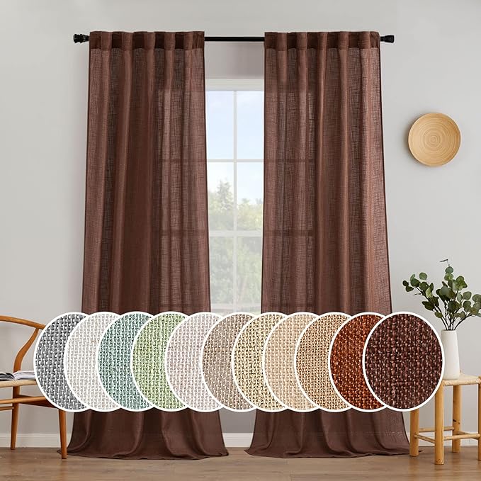 MIULEE Chocolate Brown Linen Curtains 108 Inches Long for Bedroom Living Room, Soft Thick Linen Textured Window Drapes Semi Sheer Light Filtering Rod Pocket Back Tab Burlap Look, 2 Panels