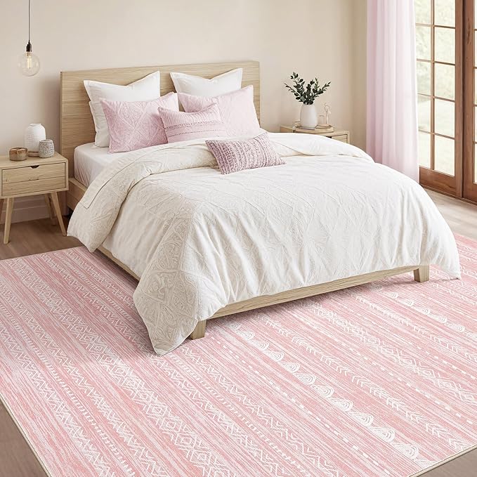 Nakagishi Pink Rugs for Bedroom Girls: 4x6 Washable Boho Large Neutral Area Rug Cute Soft Modern Indoor Floor Non Slip Accent Carpet for Living Room Nursery Kids Playroom Dorm Preppy Baby Room Decor