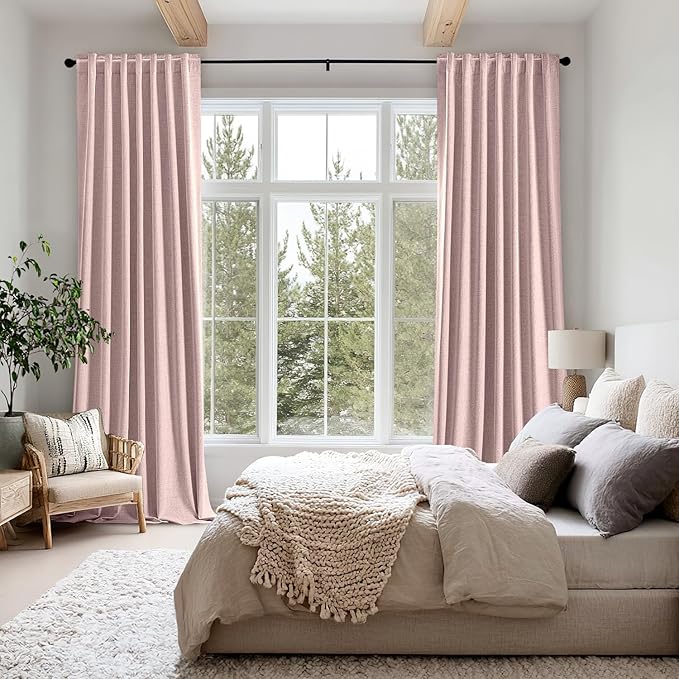 MIULEE 100% Blackout Linen Curtains for Bedroom, Pink Solid Luxury Decor Thermal Insulation Room Darkening Drapes for Living Room Nursery Back Tab Rod Pocket 42 x 96 Inches, 2 Panels