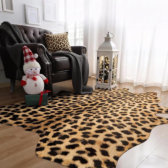 AROGAN Premium Leopard Print Rug 5.2x6.2 Feet, Machine Washable Faux Fur Cheetah Rug, Non-Slip Animal Print Hide Leopard Skin Area Rug for Bedroom Living Room Home Decor