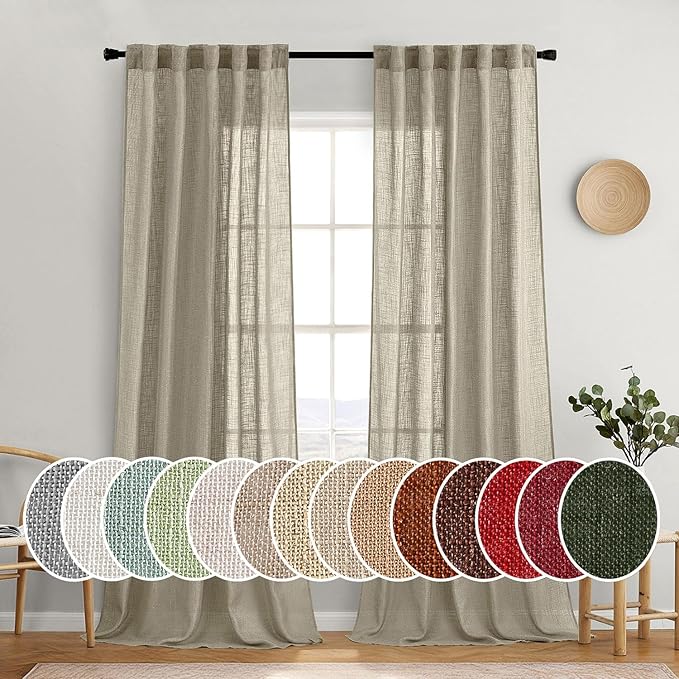MIULEE Oatmeal Linen Curtains 108 Inch Long 2 Panels for Bedroom Living Room, Soft Thick Linen Textured Natural Window Drapes Semi Sheer Light Filtering Back Tab Rod Pocket Burlap Look Decor