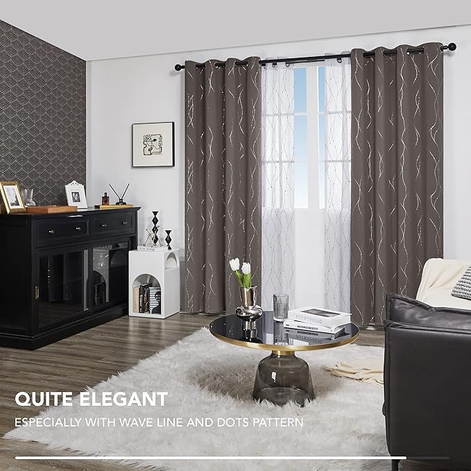 Deconovo Blackout Curtains, Thermal Insulaed Soundproof Drapes, Wave Dots Silver Print, 52 x 108 Inch Long, Set of 2, Machine Washable Window Panel for Sliding Door Bedroom Living Room Nursery, Taupe