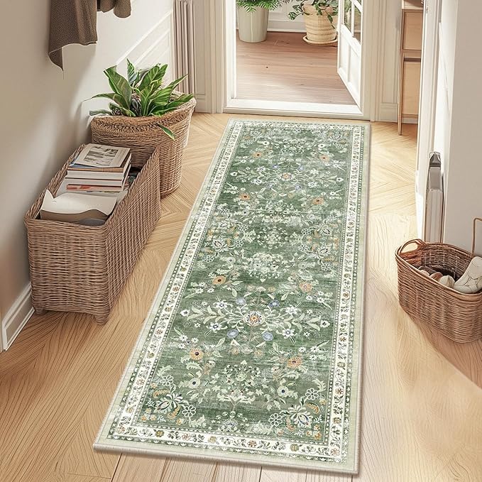 Yamaziot Washable Runner Rug 2x12 – Floral Non Slip Boho Hallway Runner Rug with Rubber Backing, Low Pile Faux Wool Distressed Carpet for Kitchen, Laundry, Bedroom, Entrance, Green
