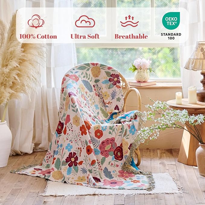 MSGKV Boho Throw Blanket for Couch 100% Cotton Floral Blanket 50"x60" Sofa Bed Chair Blanket All Seasons Lightweight Farmhouse Muslin Spring Breathable Blankets Home Decor