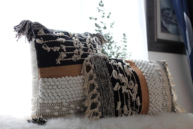 Decorative Boho-Chic Premium Pillow Cover 12x20 Handwoven Tufted Cotton Lumbar Accent Pillows, Neutral Earthly Color Throw Cushion, Farmhouse & Bohemian Home Decor (no Insert)