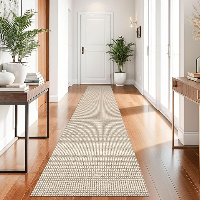 KOZYFLY Runners for Hallways 2x10 ft Washable Kitchen Runner Non Slip Rubber Backed Hallway Rugs Cotton Entryway Runner Rug Floor Carpet for Indoor Hall, Backdoor, Kitchen, Ivory/Khaki