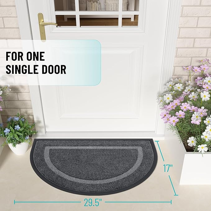 OLANLY Half Circle Door Mat Indoor Outdoor Entrance Welcome, Waterproof All-Season, All-Weather Doormat, Sturdy Natural Rubber, Low Profile, Easy Clean Patio Porch Entryway Mat, 29.5x17, Grey