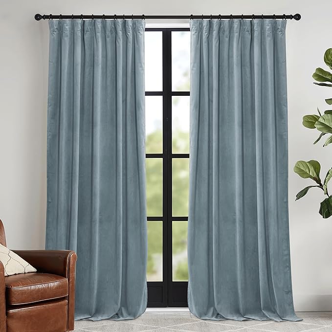 RYB HOME Stone Blue Velvet Curtains 72 inches with Hook Belt, Soft Fabric Room Darkening Thermal Insulated Luxurious Home Decor Curtains for Living Room Bedroom, W 52" x L 72", 2 Panels Set