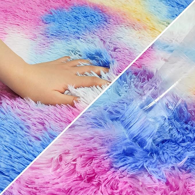 Small Fluffy Colorful Rug for Bedroom Girls 3x5 Kawaii Rainbow Tie Dye Area Rug Fuzzy Unicorn Throw Rug for Living Room Kids Nursery Baby Princess Room Living Room Home Decor Aesthetic Carpets