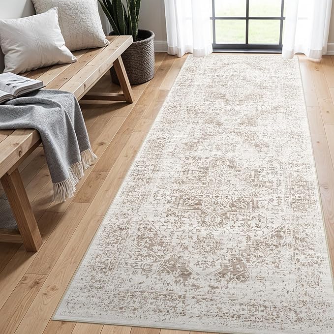4x8 Washable Hallway Runner Rug - Wide Kitchen Runners Vintage Low Pile Carpet Soft Thin Floor Runner with Rubber Backing for Entryway Bedroom Living Room Home Decor (Cream/Camel)