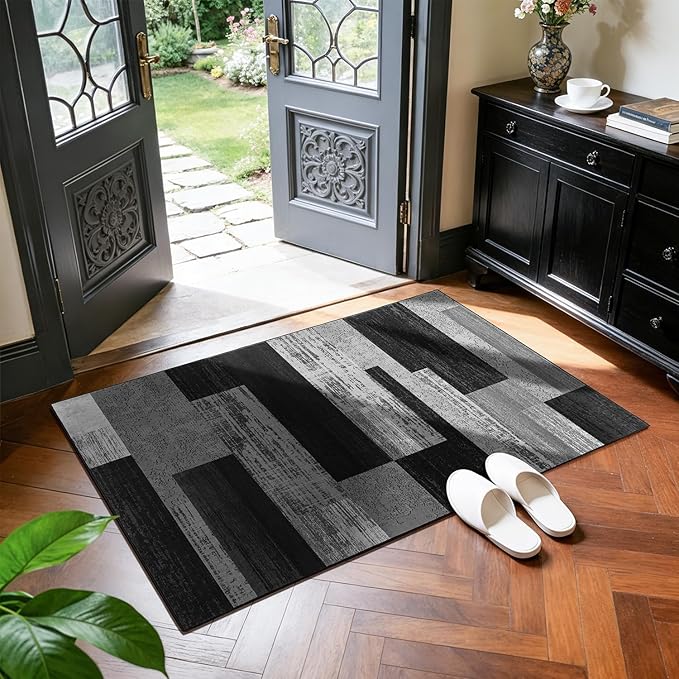 LIANLAM 2x3 Washable Entryway Rug,Non-Slip Indoor Door Mat with Vintage Checkered Pattern, Stain & Water Resistant Faux Wool Low Pile for Front Door,Hall,Kitchen,Bathroom - Easy Clean(2x3,Gray)