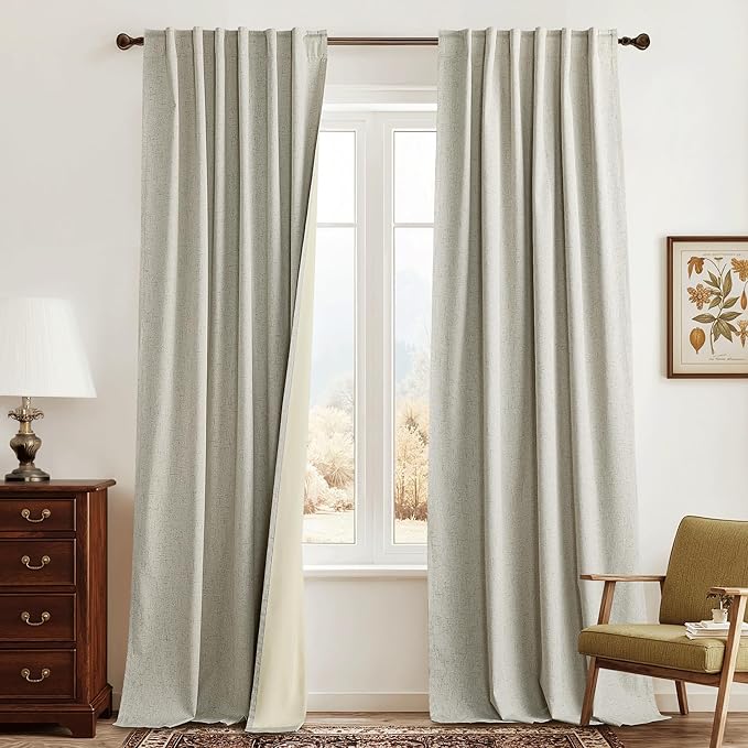 RYB HOME 100% Blackout Beige Linen Blackout Curtains, Thermal Insulated Privacy Protect Linen Blend Back Tab Window Curtains for Dining Room Sliding Glass Door, 52" W x 96" L, 2 Panels Set