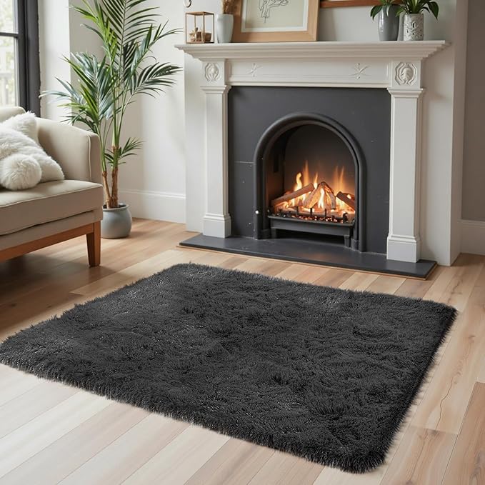 Small Area Rugs 2x3 Feet, Black Rug for Bedroom Dorm, Modern Shag Bedroom Mat, Small Carpet, Fluffy Bedside Rug for Girls Dorm Room Home Decor(2 x 3, Black)