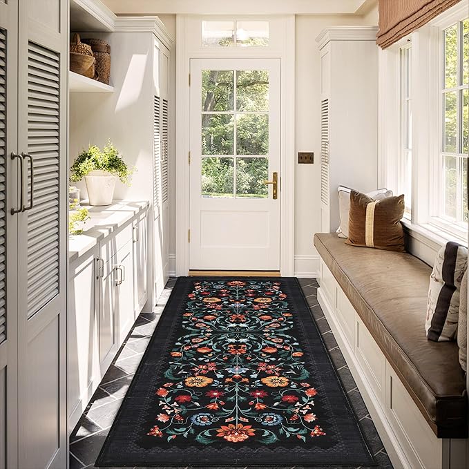 GarveeHome Floral Rug 2.5x8 Runners for Hallways, Boho Kitchen Runner Rugs Non Slip Bath Runners, Vintage Washable Runner Rug for Bedroom, Soft Long Rugs for Entryway Bathroom Laundry Dorm, Black