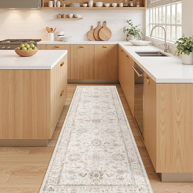 Madane 2x6 Washable Runner Rug Non-Slip, Vintage Kitchen Hallway Rug with Rubber Backing, Soft Low Pile Throw Carpet Runner for Entryway Laundry Bathroom Bedroom Living Room (2 x 6, Brown/Ivory)