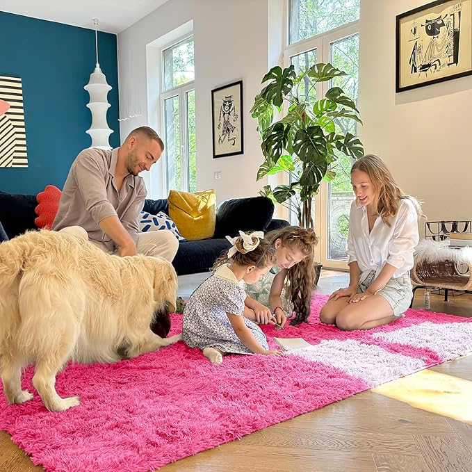 OLANLY 5x7 Machine Washable Large Area Rugs for Living Room, Bedroom, Soft Fluffy Shaggy Bedside Rug, Indoor Floor Carpet for Kids Girls and Boys, Dorms, Nursery, Home Decor Aesthetic, Hot Pink