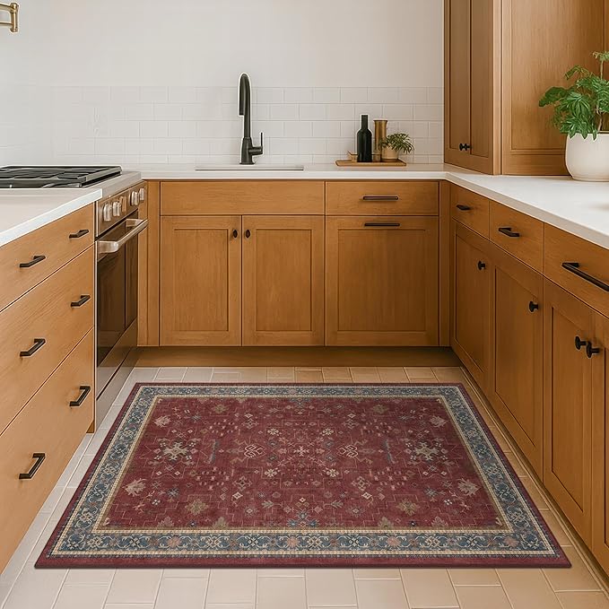 Washable 3x5 Entry Way Rugs Indoor - Burgundy Large Kitchen Rug, Non Slip Unique Bohemian Red Low Pile Thin Carpet for Bedroom Bedside, Foyer