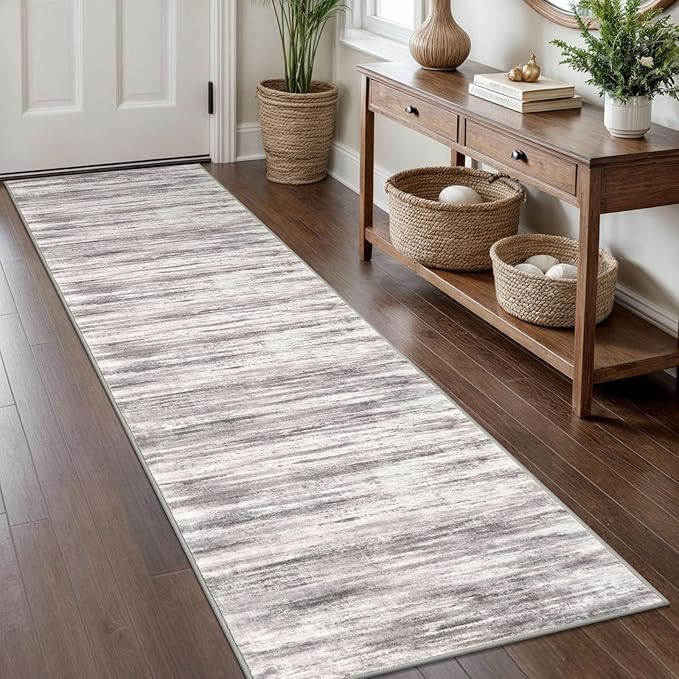 KOZYFLY Modern Abstract Washable Rug Runner 2x8 Hallway Runner Rug Non-Slip Soft Kitchen Runner Rugs, Print Grey/Light Beige/Brown Striped Carpet Runner for Entryway Bathroom