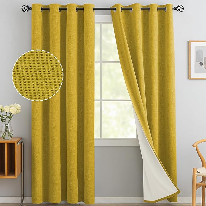 Yakamok Mustard Yellow Linen Curtains 100% Blackout 84 Inches Long,Room Darkening Textured Curtains for Living Room Thermal Grommet Bedroom Curtain 2 Panels with White Liner