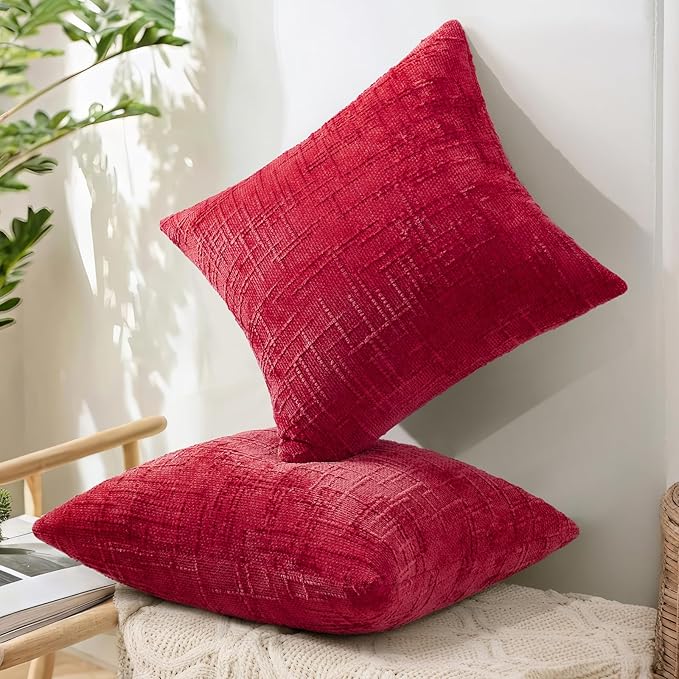 decorUhome Red Chenille Throw Pillow Covers 18x18 Set of 2 Textured Soft Cozy Slubby Couch Pillow Covers Modern Farmhouse Boho Decorative Pillow Cases for Bed Sofa Living Room