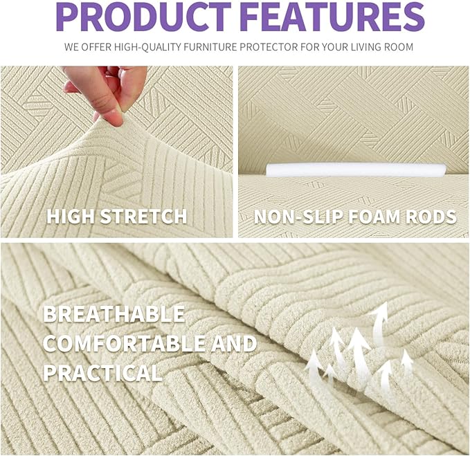 ZNSAYOTX Super Stretch Couch Cover (72"-92"), New Striped Sofa Covers Fitted Slipcovers with Elastic Bottom, Dog Cat Pets Proof Spandex Fabric Comfortable & Durable (Beige, Sofa)