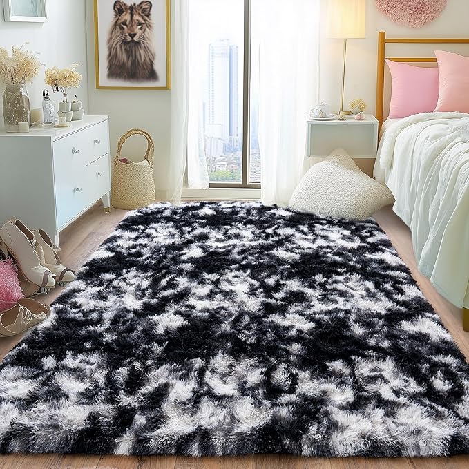 Pionblank Fluffy Area Rug for Bedroom 4x6 Feet, Indoor Plush Carpet, Shag Soft Bedside Rug, Cute Comfy Furry Rug for Living Room Dorm Girls Boys Room Nursery Decor, Black White