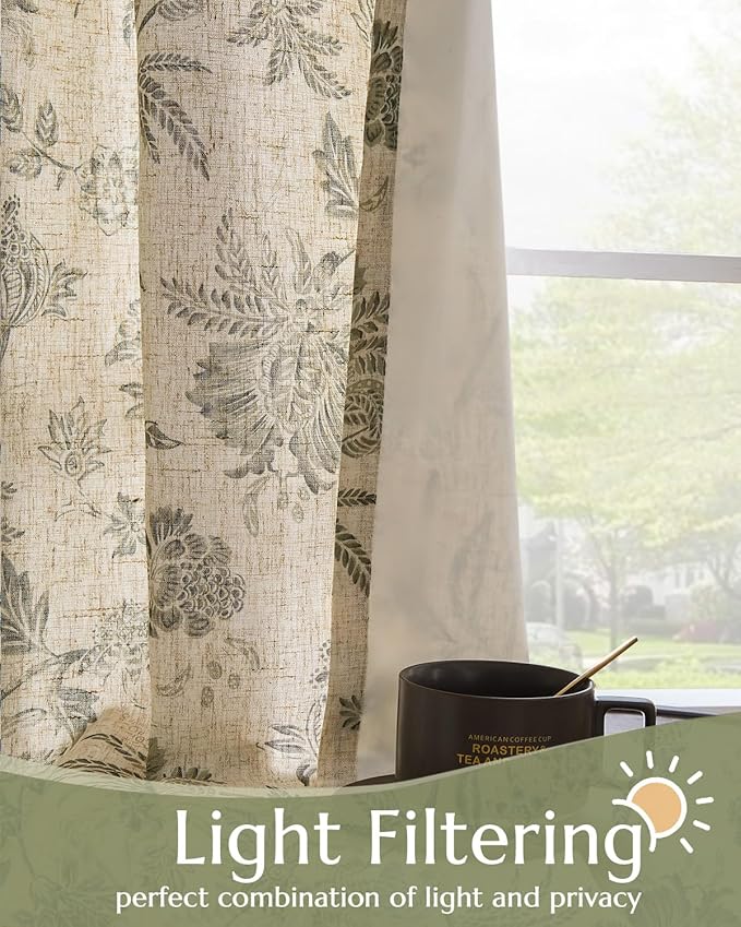 jinchan Lined Linen Floral Curtains for Living Room, 63 Inch Length Printed Flower Farmhouse Patterned French Country Back Tab Green Window Drapes Set Privacy Bedroom Curtains, 2 Panels