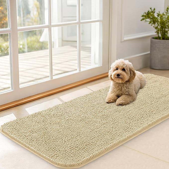 OLANLY Dog Door Mat for Muddy Paws 47x20, Absorbs Moisture and Dirt, Absorbent Non-Slip Washable Doormat, Quick Dry Chenille Mud Mat for Dogs, Entry Indoor Entryway Carpet for Inside Floor, Sand