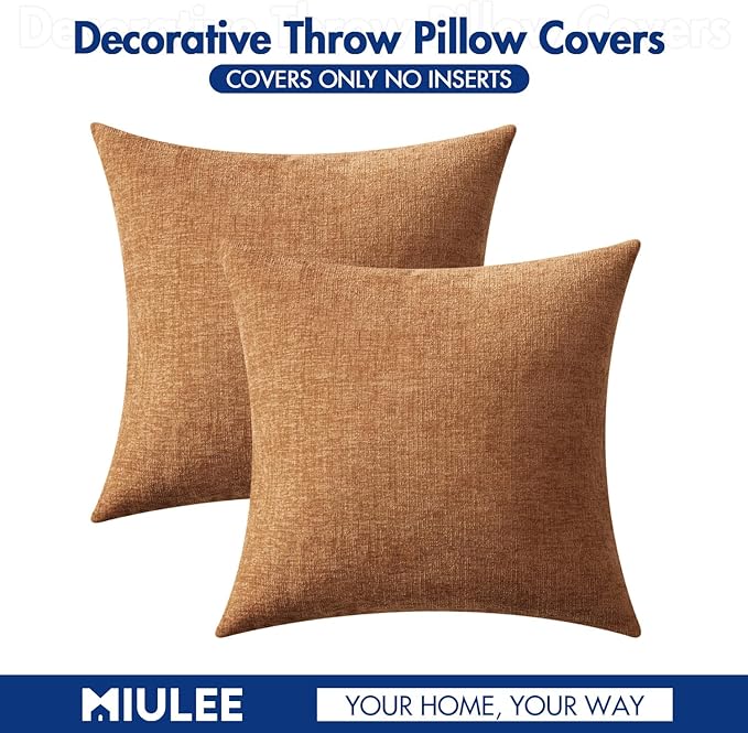 MIULEE Pack of 2 Brown Throw Pillow Covers 24x24 Inch Soft Chenille Pillow Covers for Sofa Living Room Couch Solid Dyed Cases