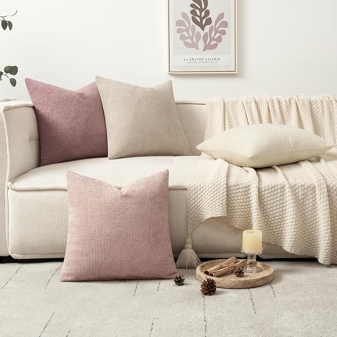 MIULEE Pack of 4 Valentines Couch Throw Pillow Covers 18x18 Inch Neutral Pink Cute Decorative Chenille Pillows Farmhouse Boho Accent Cushion Covers for Coquette Room Spring Decor Sofa Bed Living Room
