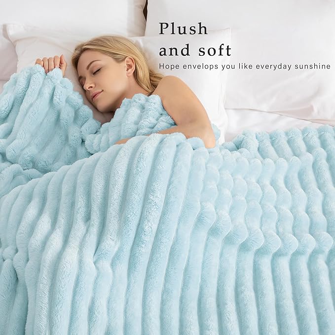 Exclusivo Mezcla King Size Flannel Fleece Blanket, Super Soft Striped Jacquard Bed Blanket, Lightweight Fuzzy Cozy for All Seasons, 90x104 Inches, Light Blue