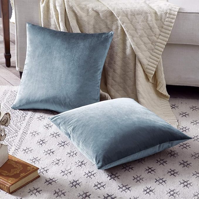 GIGIZAZA Decorative Throw Pillow Covers 16x16,Set of 2 Stone Blue Square Couch Pillow Covers,Velvet Sofa Boho Cushion Pillows